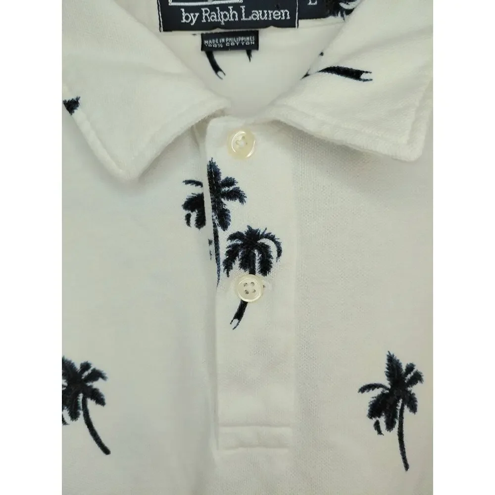 VTG Polo Ralph Lauren Palm Tree Print Polo Shirt White Black Blue L Cruise 2002